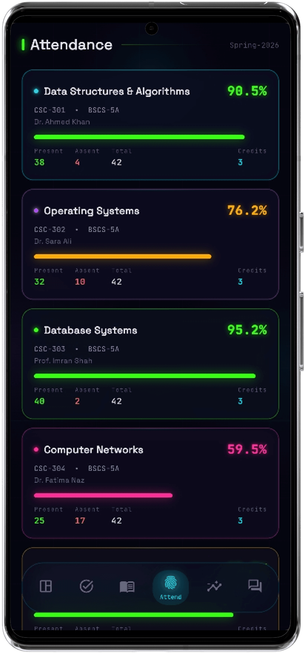 Attendance Tracker screen