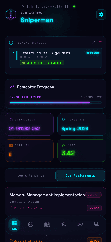 BU LMS Mobile dashboard showing the next class, semester progress and CGPA