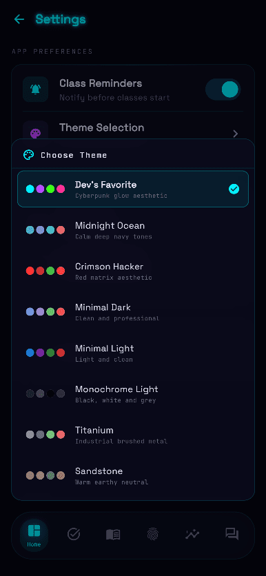Personal Themes screen